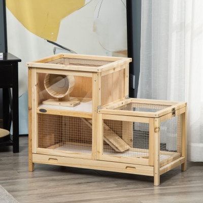 PawHut Wooden Hamster Cage, Mice Rodent Small Animals Kit Hutch, 2 Tiers Exercise Play House, with Sliding Tray, Ladder, Seesaw, Running Wheel, Openable Roofs, 31" x 16" x 23.5", Natural Wood