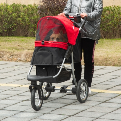 PawHut Luxury One-click Folding Pet Stroller Dog/Cat Travel Carriage with Wheels Adjustable Canopy Zippered Mesh Window Door Red