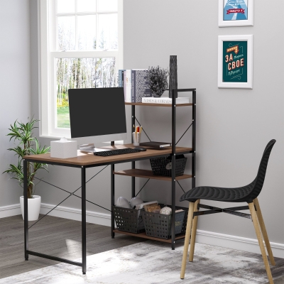 HOMCOM Study Desk with 4 Tier Bookshelf Computer Workstation Laptop Gaming Station with Open Shelves Home Office Furniture Walnut