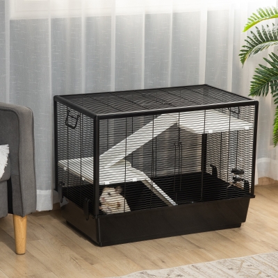PawHut Small Animal Cage Habitat Indoor Pet Play House for Guinea Pigs Hamsters Chinchillas, With Accessories Water Bottle Balcony Ramp Food Dish, 31.5"x19"x 23", Black