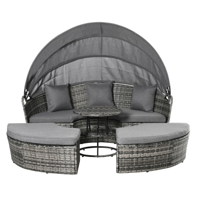 Outsunny 4 PCS PE Rattan Wicker Patio Lounge Set, Round Sofa Bed w/ Adjustable Coffee Table