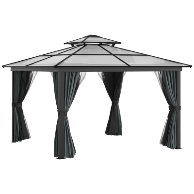 Outsunny 10x10 Hardtop Gazebo with Aluminum Frame, Polycarbonate Gazebo Canopy with Curtains, Netting for Garden, Patio, Backyard, Black