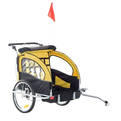 Aosom Elite 360 Swivel Double Child Two-Wheel Bicycle Cargo Trailer With 2 Security Harnesses - Yellow / Black