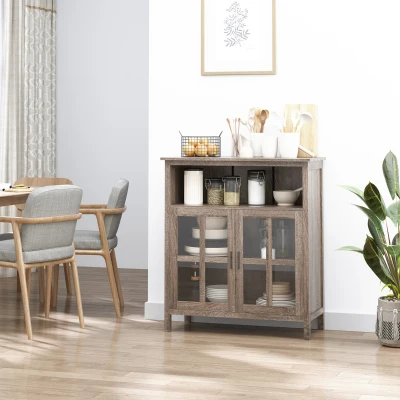HOMCOM Oak Accent Sideboard, Buffet Cabinet with Glass Doors