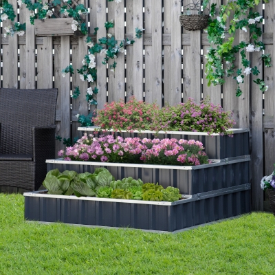 Outsunny 47''x47''x25'' 3 Tier Raised Garden Bed, Metal Elevated Planer Box Kit w/ A Pairs of Glove for Backyard, Patio to Grow Vegetables, Herbs, and Flowers, Grey