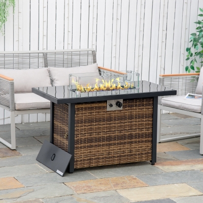 Outsunny Outdoor Propane Gas Fire Pit Table, 50,000 BTU Electric Ignition Gas Firepit with Glass Cover, Black Glass Tabletop and CSA Certification, Brown