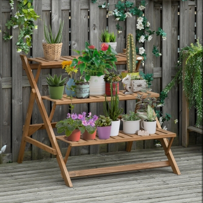 Outsunny 3-tier Ladder Plant Stand Foldable Wood Flower Display Shelf for Outdoor Home Garden, Brown