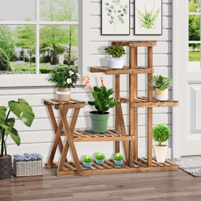 Outsunny Wood Plant Stand 5 Tier Plant Shelf Multiple Flower Pot Holder for for Living Room, Patio Corner, Balcony, Natural