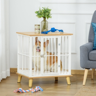 PawHut Dog Crate, Furniture Style Pet Cage Kennel, End Table, Decorative Dog House, with Soft Cushion, Wooden Top, Door, for Small Dogs, Indoor Use, Oak