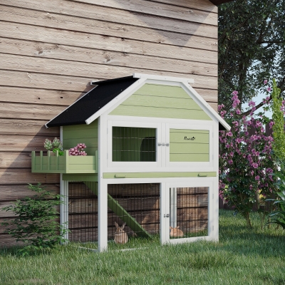 PawHut 48.5" Wooden Rabbit Hutch Pet Playpen Bunny House Enclosure with Plant Box, Slide-out Tray, Ramp, for Rabbits and Small Animals, Green