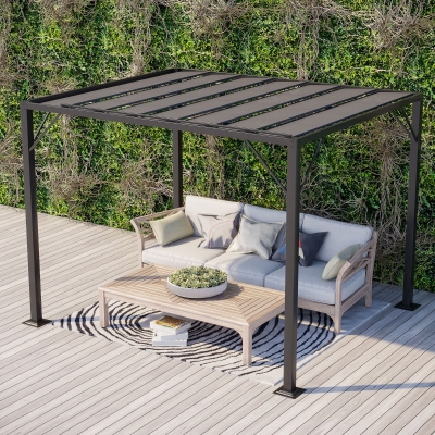 Outsunny Outdoor Louvered Pergola 9.5' x 8' Aluminum Patio Gazebo Sun Shade Shelter with Adjustable Breathable Mesh Roof, Grey