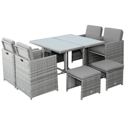 Outsunny 9 Pieces Patio Wicker Dining Sets, Space Saving Outdoor Sectional Conversation Set, with Dining Table, Ottoman and Chair & Cushioned for Lawn Garden Backyard, Dark Grey