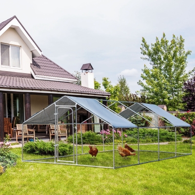 PawHut Galvanized Large Metal Chicken Coop Cage 4 Rooms Walk-in Enclosure Poultry Hen Run House Playpen Rabbit Hutch UV & Water Resistant Cover for Outdoor Backyard 10' x 26' x 6.5' Silver