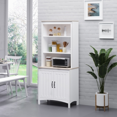 HOMCOM 70" Kitchen Buffet Hutch with 3-tier Shelving Double-door Storage Pantry Cabinet, Sideboard with Adjustable Shelves Microwave Oven Countertop, White