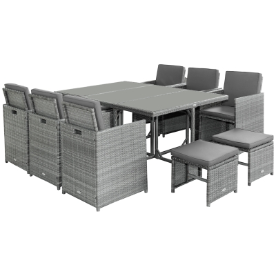 Outsunny 11 Pieces Patio Wicker Dining Sets, Space Saving Outdoor Sectional Conversation Set, with Dining Table, Ottoman and Chair & Cushioned for Lawn Garden Backyard, Dark Grey