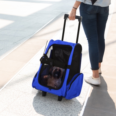PawHut 4-IN-1 Pet Luggage Box Carrier Cat Dog Backpack Crate Rolling Wheel w/ Removable Stand Blue
