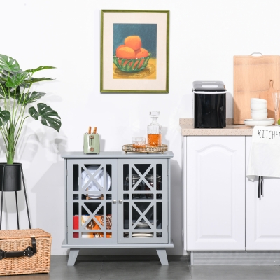 HOMCOM Accent Storage Cabinet Sideboard Serving Buffet Console with Fretwork Doors for Entryway, Kitchen, Dining Area, Living Room, Grey