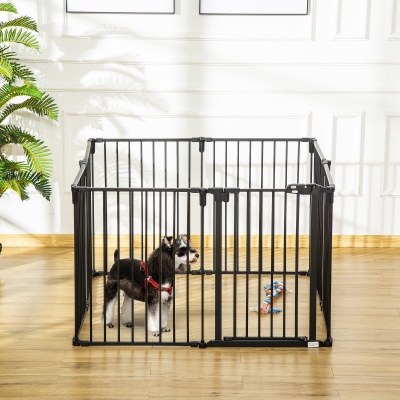 PawHut Pet Safety Gate 8-Panel Playpen Fireplace Christmas Tree Steel Fence Stair Barrier Room Divider with Walk Through Door Automatically Close Lock Black