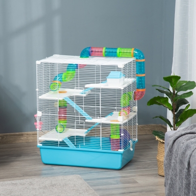 PawHut 23" Large Hamster Cage, Small Animal House, 5-Level Gerbil Haven, Tunnel Tube System, with Water Bottle, Exercise Wheel, Food Dish, Ramps, 2 Doors, Light Blue