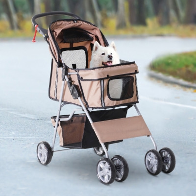PawHut 4 Wheel Dog Pet Stroller Dog Cat Carrier Jogging Stroller Folding Sunshade Canopy w/ Brown