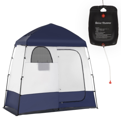 Outsunny Pop Up Shower Tent w/ Two Rooms, Shower Bag, Floor and Carrying Bag, Portable Privacy Shelter, Instant Changing Room for 2 Person, Blue