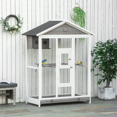 PawHut 64.5" Bird Cage Large Wooden Aviary for Budgie Canary Cockatiel with Standing Pole Nest Slide-out Tray for Indoor Outdoor Grey