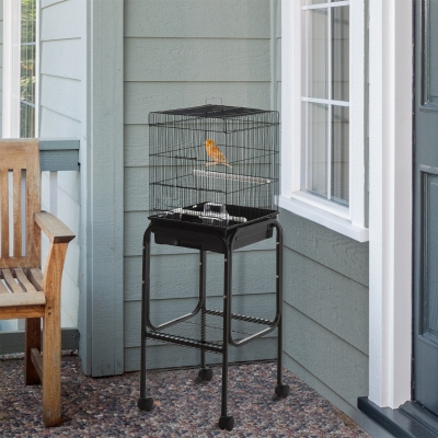 PawHut 44.5"H Metal Bird Cage Parrot Play Spot Stand w/ Wheel Storage Shelf Multi-doors Black