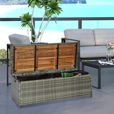 Outsunny Wicker Outdoor Storage Bench, Mixed Gray, Gas Spring