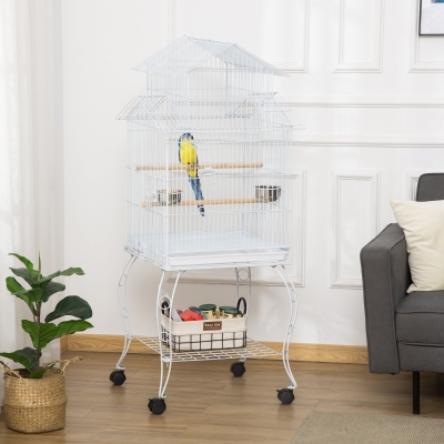 PawHut 54'' Large Rolling Steel Bird Cage Bird House with Detachable Rolling Stand, Storage Shelf, Wood Perch, Food Container, White