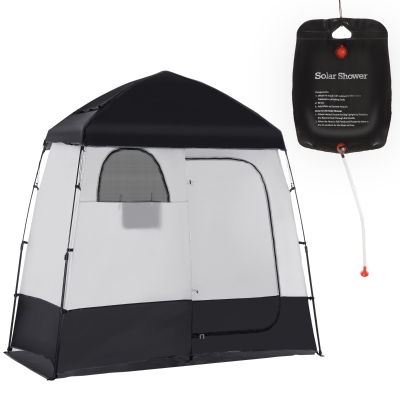 Outsunny Pop Up Shower Tent w/ Two Rooms, Shower Bag, Floor and Carrying Bag, Portable Privacy Shelter, Instant Changing Room for 2 Person, Black