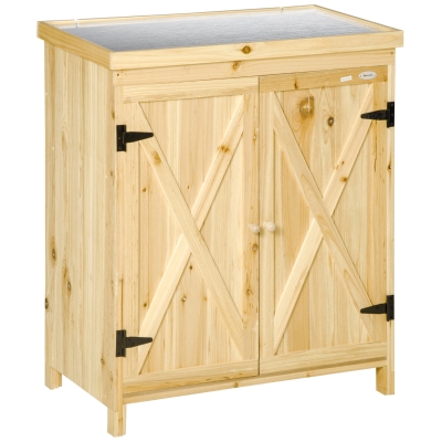 Outsunny Garden Storage Cabinet, Outdoor Tool Shed with Galvanized Top and Two Shelves for Yard Tools or Pool Accessories, Natural