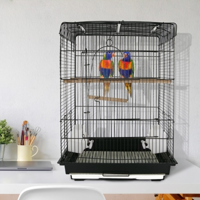 PawHut 22" Parrot Bird Cage Open Play Top Feeding Bowl Perch Black