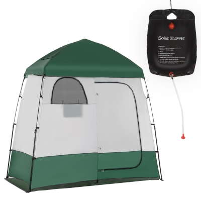 Outsunny Pop Up Shower Tent w/ Two Rooms, Shower Bag, Floor and Carrying Bag, Portable Privacy Shelter, Instant Changing Room for 2 Person, Green