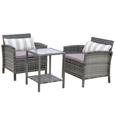 Outsunny 3 Pcs Rattan Wicker Bistro Set with Soft Cushions, Outdoor Conversation Coffee Sets with Glass Table Top and Open Storage Shelf for Patio, Backyard, Garden, Beige