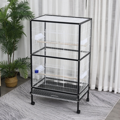 PawHut 30x20.5x54-Inch Bird Cage Parrot Macaw Finch Cockatoo Flight Cage with Wheels Black/White