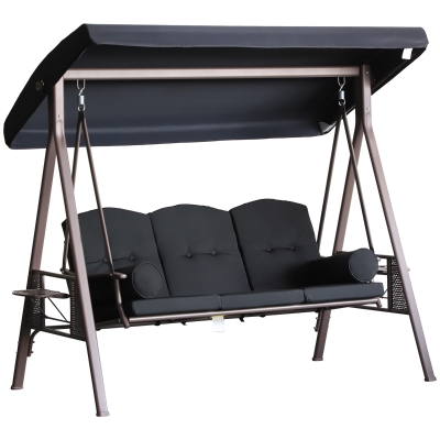 Outsunny Outdoor Patio 3-Person Steel Canopy Cushioned Seat Bench Swing with Included Side Trays & Padded Comfort - Black
