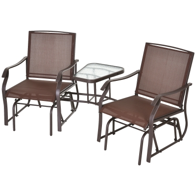 Outsunny 2-Person Outdoor Sling Fabric Double Glider Rocker Chair with Center Coffee Table & Modern Style - Brown