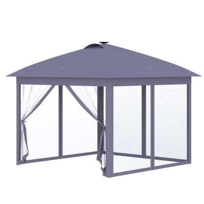 Outsunny 11'x11' Pop Up Gazebo Canopy Tent with Solar LED Light, Zippered Mesh Sidewalls, Black
