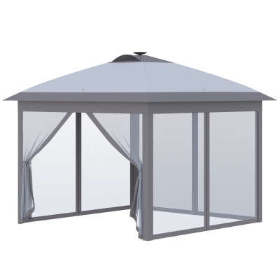 Outsunny 11'x11' Pop Up Gazebo Canopy Tent with Solar LED Light, Zippered Mesh Sidewalls, Grey