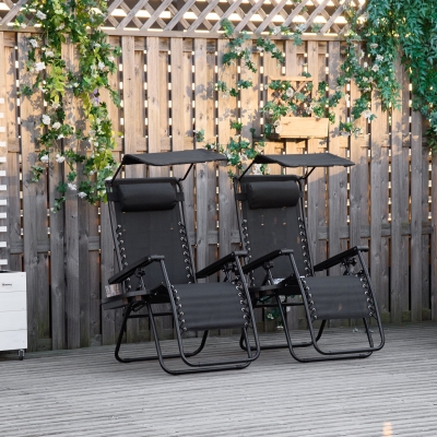 Outsunny 2 piece Zero Gravity Chair Adjustable Patio Lounge Chair Reclining Seat W/ Cup Holder & Canopy Shade