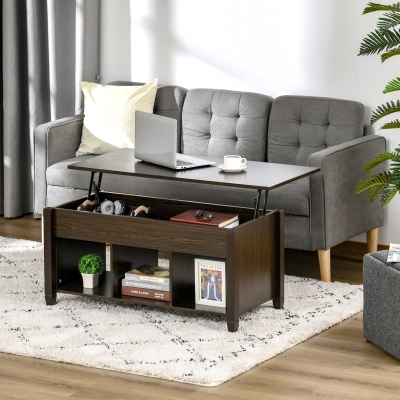 HOMCOM Lift Top Coffee Table with Hidden Storage Compartment and 3 Lower Shelves, Pop-Up Center Table for Living Room, Espresso