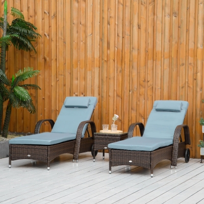 Outsunny 3pcs Wheeled Patio Rattan Chaise Lounge Set Reclining Lounger Adjustable Portable with Side Table Brown Grey