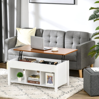 HOMCOM Lift Top Coffee Table with Hidden Storage Compartment and 3 Lower Shelves, Pop-Up Center Table for Living Room, White and Brown