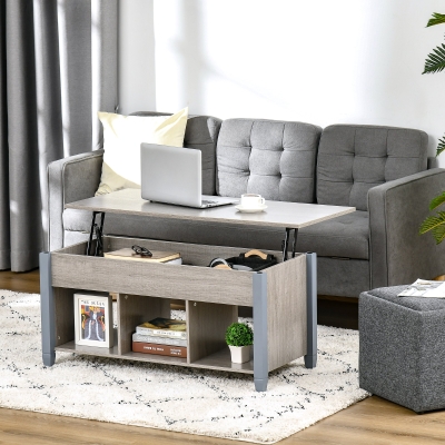 HOMCOM Lift Top Coffee Table with Hidden Storage Compartment and 3 Lower Shelves, Pop-Up Center Table for Living Room, Grey
