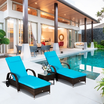 Outsunny 3pcs Wheeled Patio Rattan Chaise Lounge Set Reclining Lounger Adjustable Portable with Side Table Brown Blue