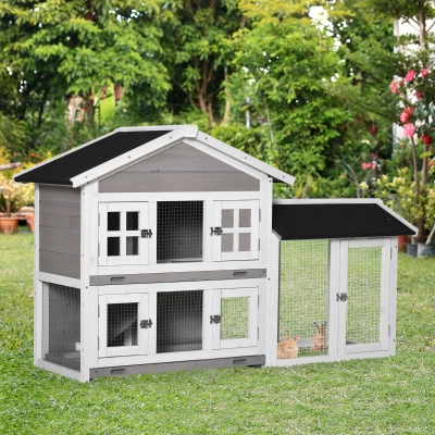 PawHut 59" Wooden Rabbit Hutch 2 Tier Bunny House Pet Playpen Enclosure for Indoor Outdoor with Slide-out Tray, Ramp, for Rabbits and Small Animals, Grey