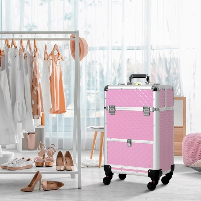 HOMCOM Portable Aluminum Makeup Train Cases Rolling Cosmetic Organizer Box Salon Beauty Cosmetic Jewelry Organizer Trolley with 4 Wheels, Pink