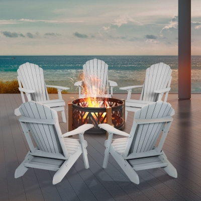 Outsunny Folding Adirondack Chair with Ottoman, Outdoor Wooden Lounger for Patio, Porch, Poolside, Garden, White
