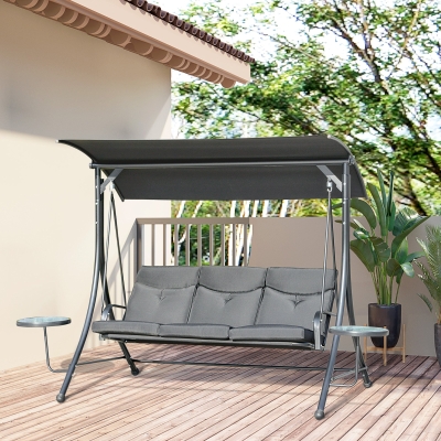 Outsunny 3 Seat Swing Chair Steel Swing Bench Chair With Adjustable Canopy & Coffee Tables & Cushion for Patio Garden, Black