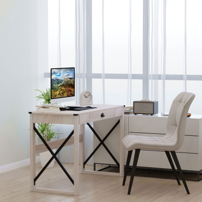 HOMCOM Industrial Computer Writing Desk, Study Desk with Drawer, Steel X-Frame Home Office Workstation, Oak Effect